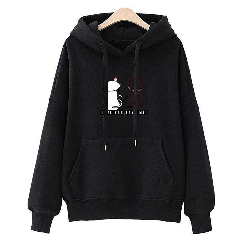 

Cartoon Cat Printed Hoodies Autumn Women Sweatshirts Fashion Hooded Long Sleeves Drawstring Female Pullovers Students Hoodies