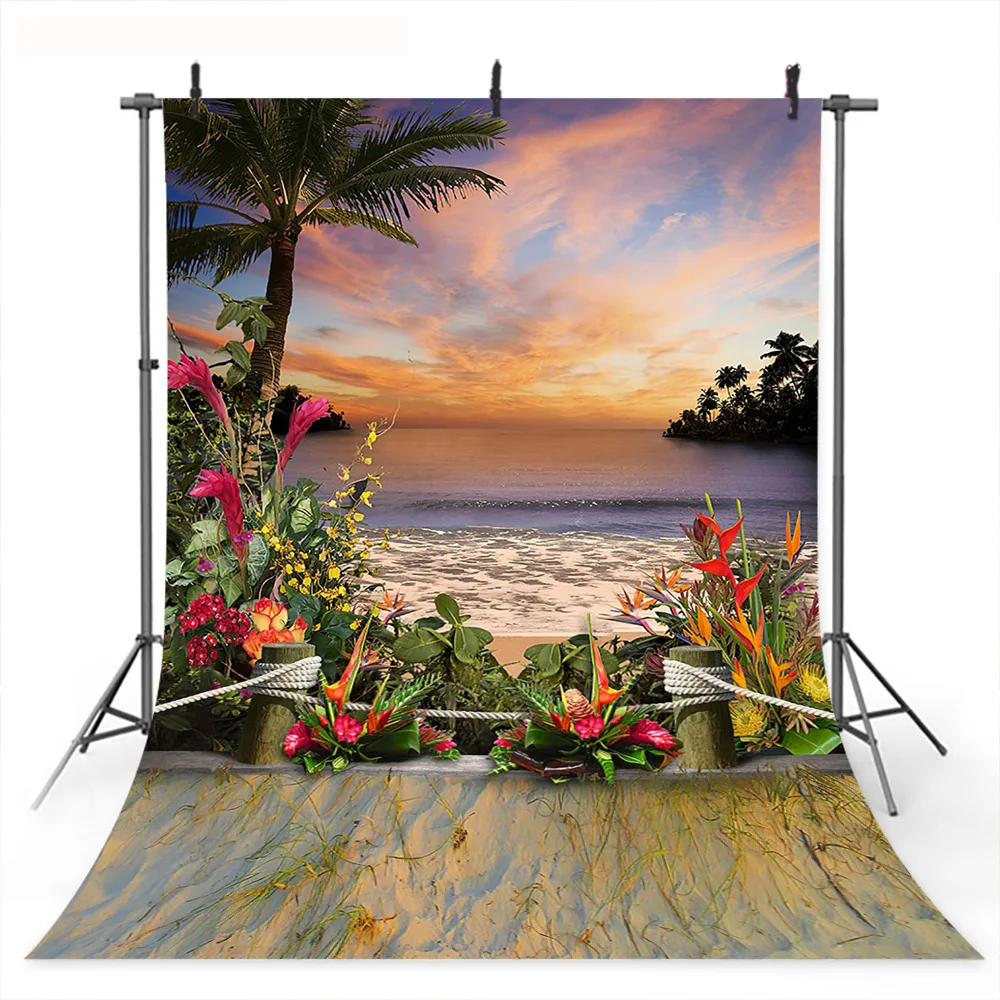 

Summer Sea Beach Photography Backdrop for Photography Tropical Flowers Sunset Hawaii Themed Portrait Background Coconut Tree