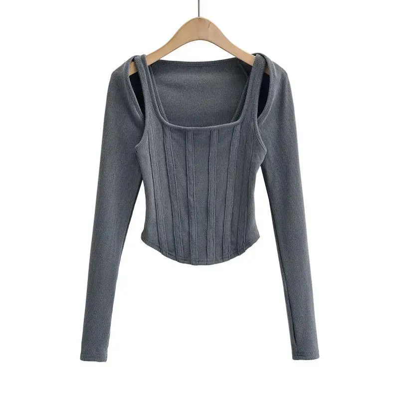 

SeeBeautiful Two Pieces Knitted Long Sleeve Short Shawl Elastic T-shirt Simple Women Summer 2022 New Fashion G963