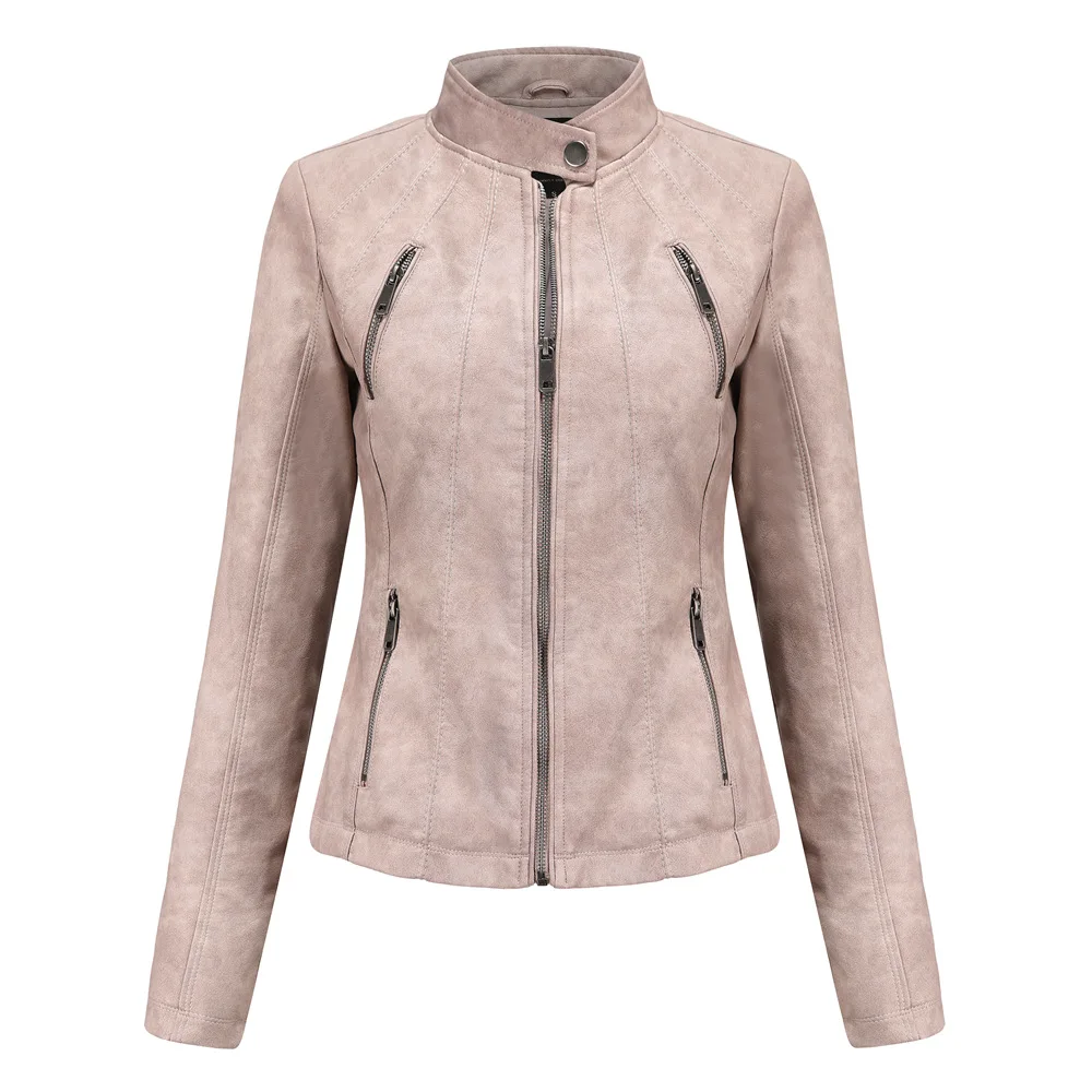 Autumn Spring women's  Mandarin Collar  Faux Leather  Short jacket black motor jackets red pink PU coat