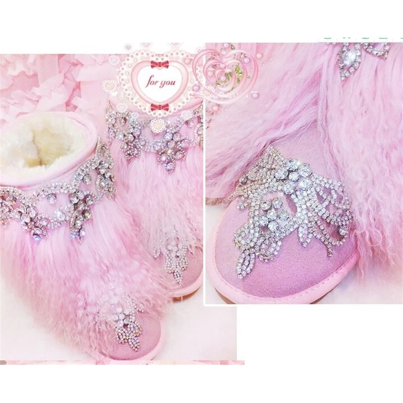 

Handmade custom luxury pink beach wool snow boots crystal gem fur boots star Europe station