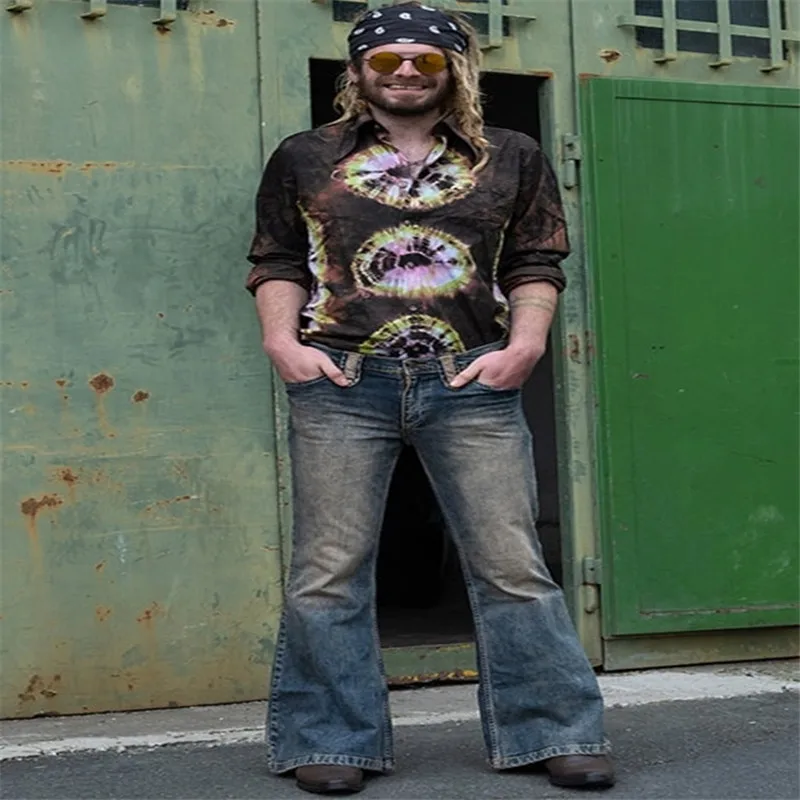 

2021 men's punk retro flared pants nostalgic vintage classic high waist jeans men