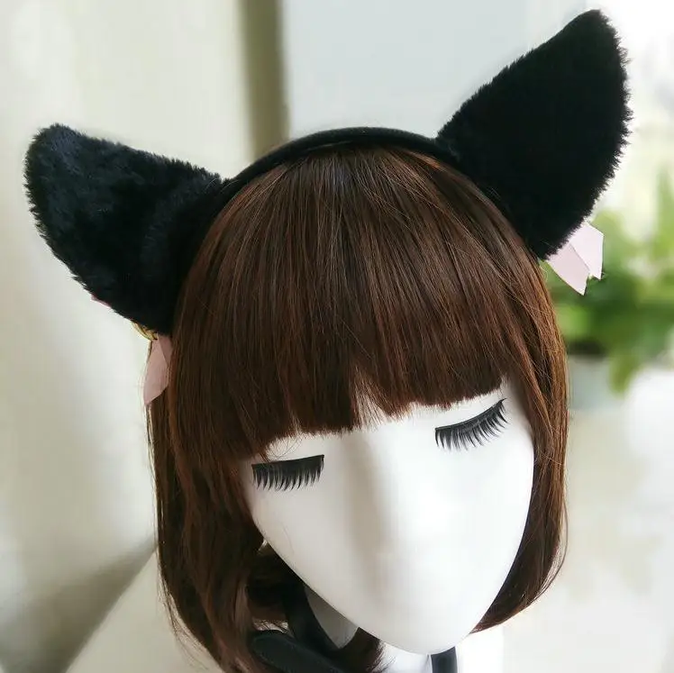 Милая повязка на голову с кошачьими ушками колокольчиком и бантом вечерние