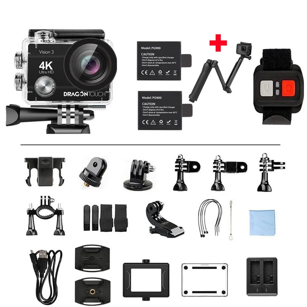 Dragon Touch 4K Экшн-камера 16MP Vision 3 Подводная Водонепроницаемая камера 170 ° широкоугольная WiFi Спортивная камера с пультом дистанционного управления - Color: vision 3 Stickgift