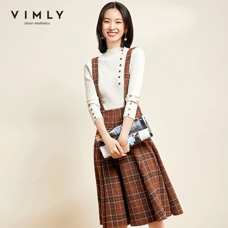 Vimly 2020 осенне-зимняя женская Клетчатая Шерстяная Юбка на бретелях Элегантная с