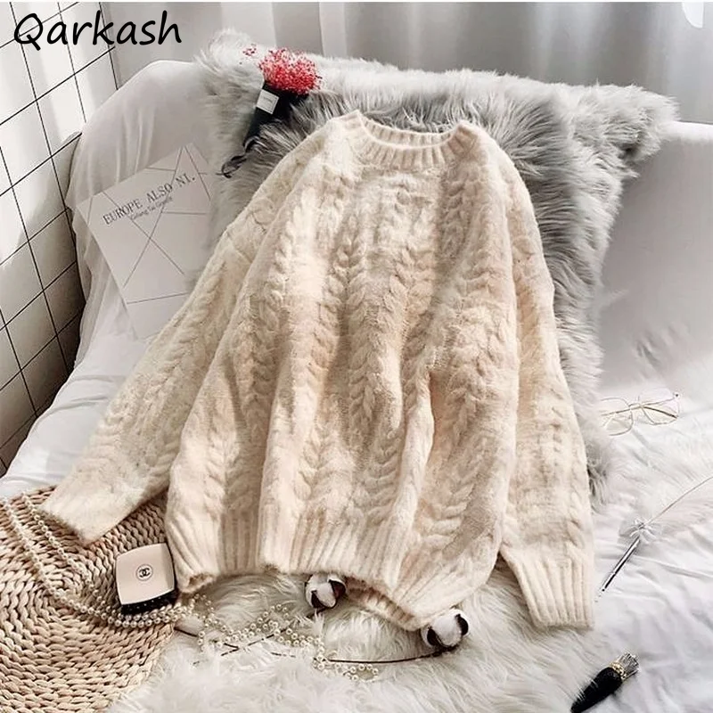

Women Casual Pullovers O-neck Solid Sweater Knitted Loose Long Sleeve All-match Soft Leisure Korean Style Ulzzang Students Tops