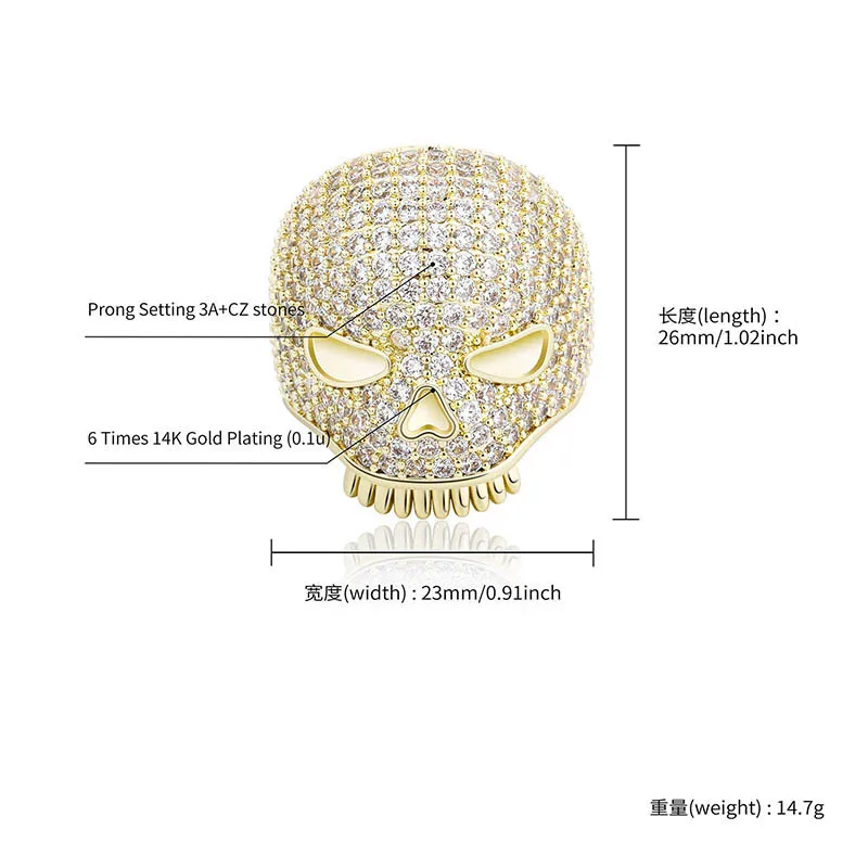 

New Hip Hop Skull Rings Iced Out Micro Pave Cubic Zirconia Rings Gold Plated Men's Fashion Jewelry Gift Halloween
