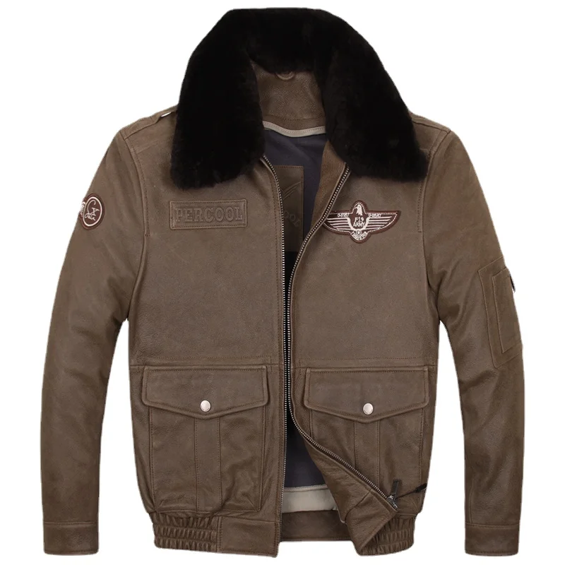 

Winter Genuine Cow Leather Jackets Men Slim Real Wool Collar Coat Autumn Flight Jacket Men's Clothes Chaqueta Cuero Hombre WPY