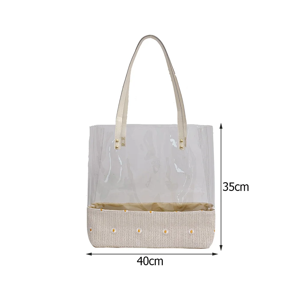 

Fashion Women Shoulder Shopping Bag Summer Straw Woven Lace Patchwork Transparent Small Daisy Embroidery Casual Ladies Handbags