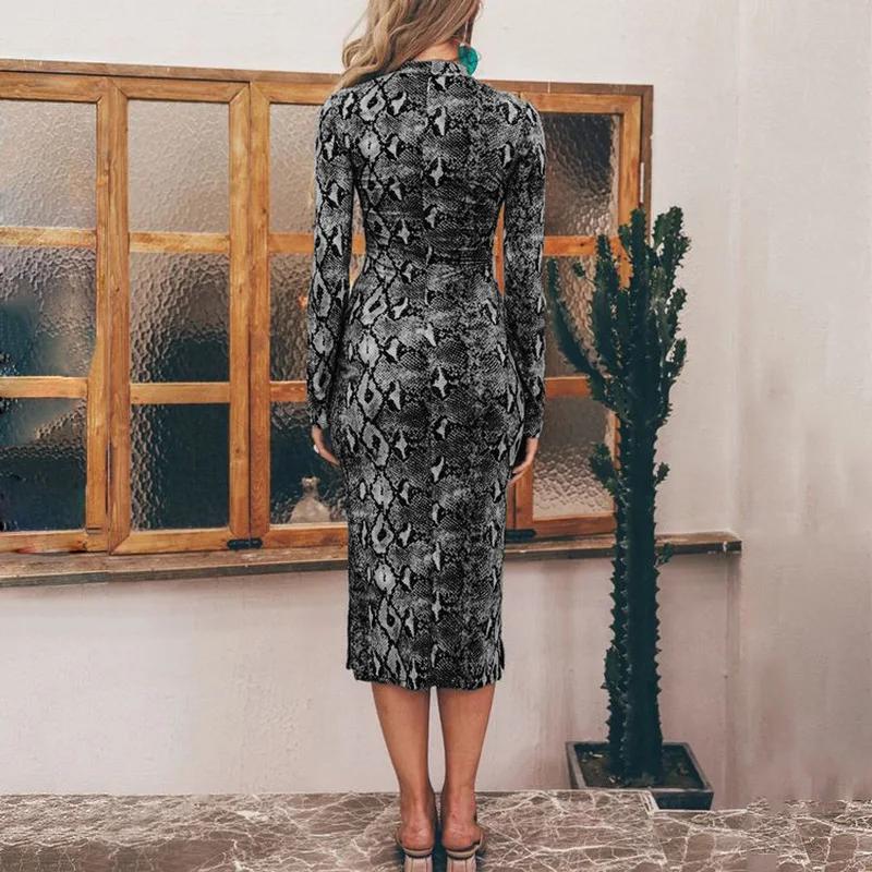 

WEPBEL Spring and Summer Fashion Snake Pattern Printed Slim Dress Women's Sexy Long Sleeve O-Neck High Waist Split Dress