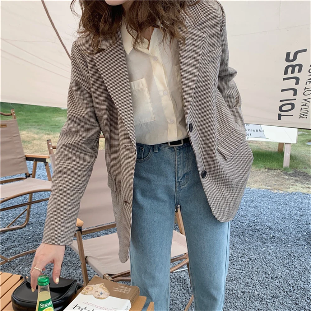 

Retro Houndstooth Blazers Plus Size Elegant High Street Autumn Chic Plaid Gentle Lady Hot Slim Loose Women Coats