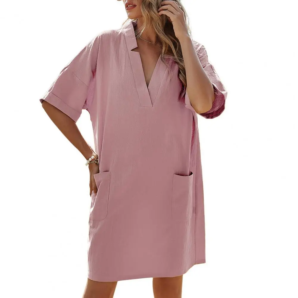 

Summer dress women elegant Solid Color V Neck Women Short Sleeve Pockets Sundress Streetwear Women's Clothing Blue xl vestidos