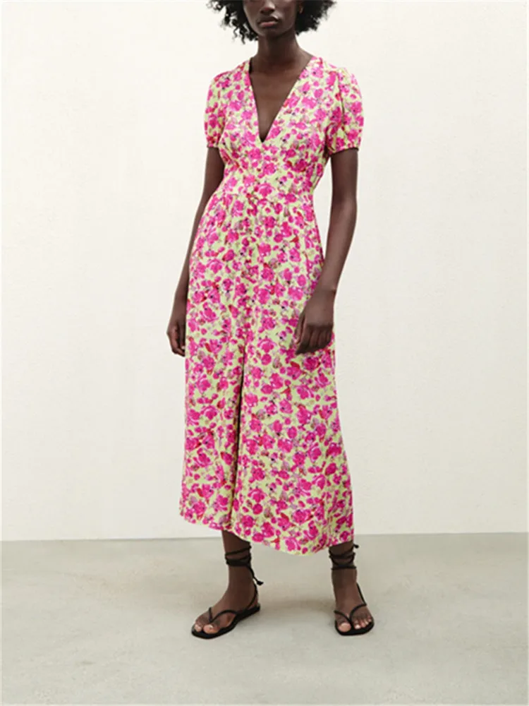 

Женское платье с высокой талией ZA, приталенное платье с V-образным вырезом и цветочным принтом, в европейском и американском стиле, лето 2021