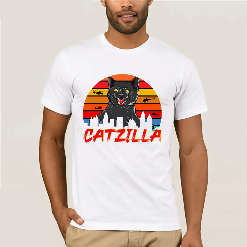 

Винтажная Классическая футболка Catzilla, хлопковая одежда, футболки с коротким рукавом и круглым вырезом, весенние и летние топы, подарок на де...
