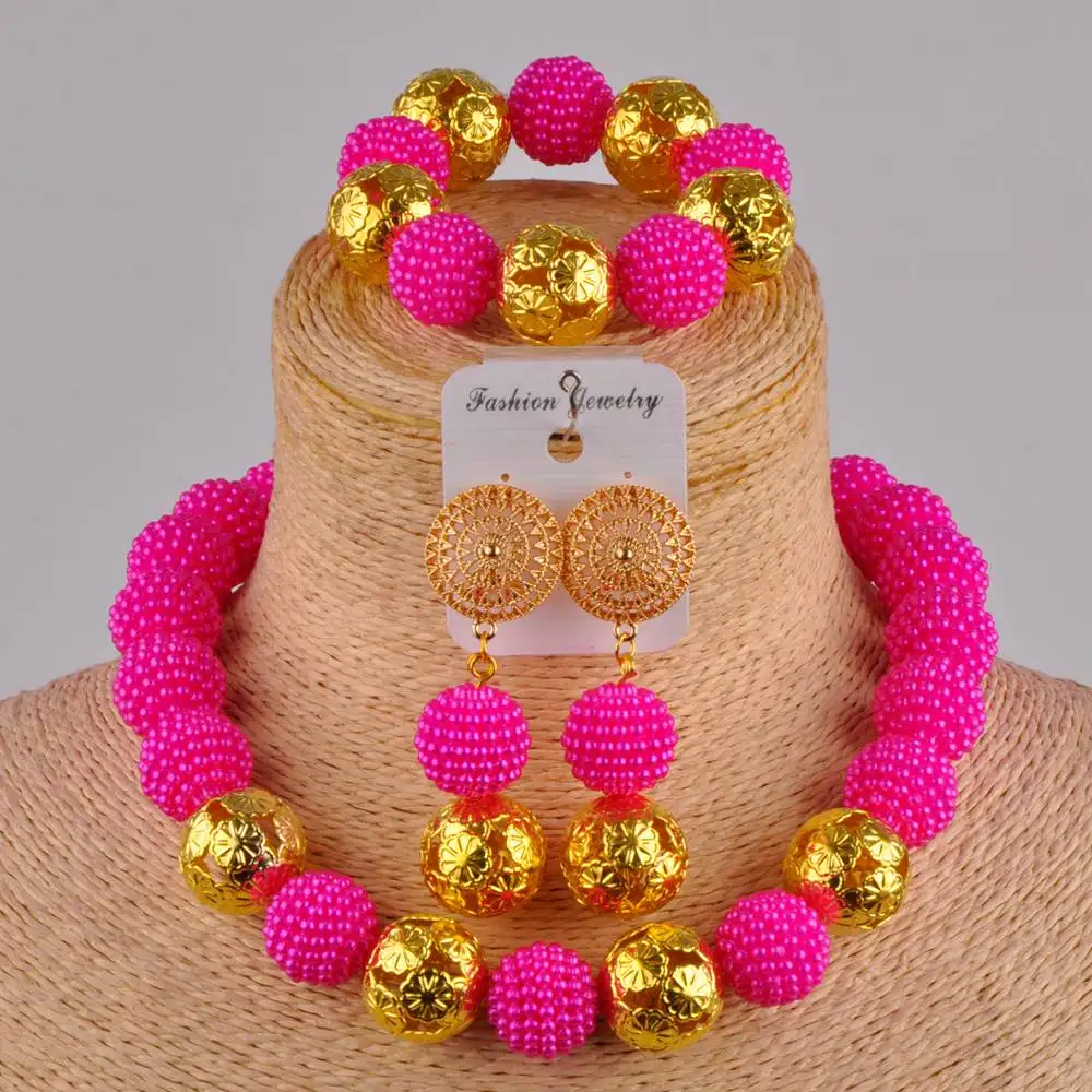 

fuchsia pink african jewelry set simulated pearl nigerian beads FZZ32