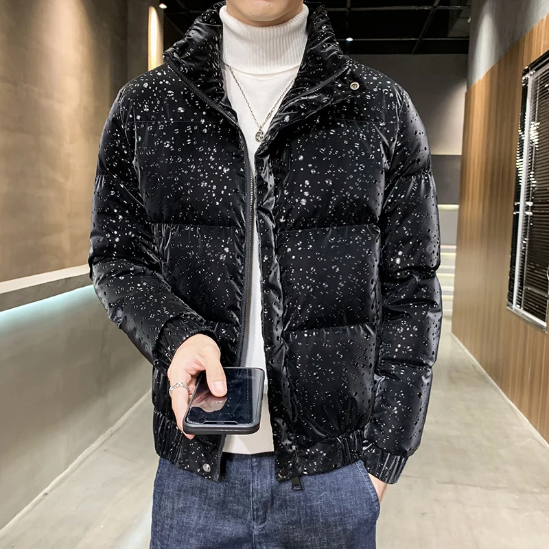 Fashion Water Drop Print Men's Jackets Winter Thicken Warm Casual Short Parka Streetwear Jacket Korean Overcoat Male Clothing