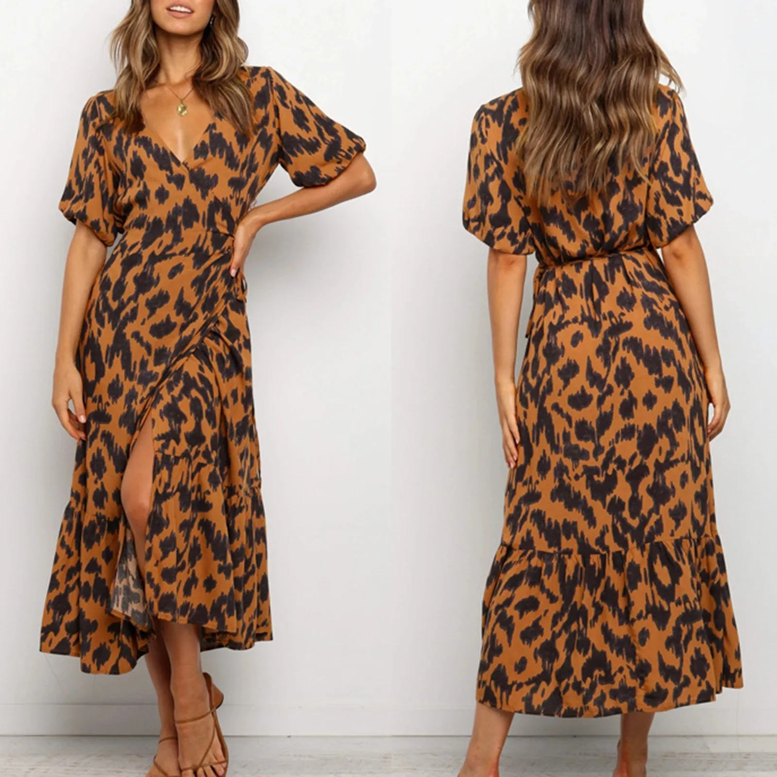 

Women's Casual Leopard Printed Dress V Neck Short Sleeve Maxi Long Dress Robe Femme Vestidos Summer Dress For Women 2021#G