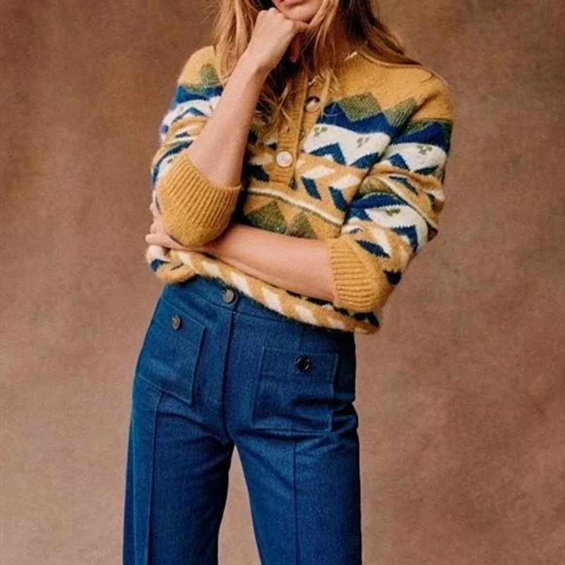 

Женский трикотажный свитер с круглым вырезом, пуловер контрастных цветов с геометрическим узором и пуговицами, трикотажная одежда, весна 2022