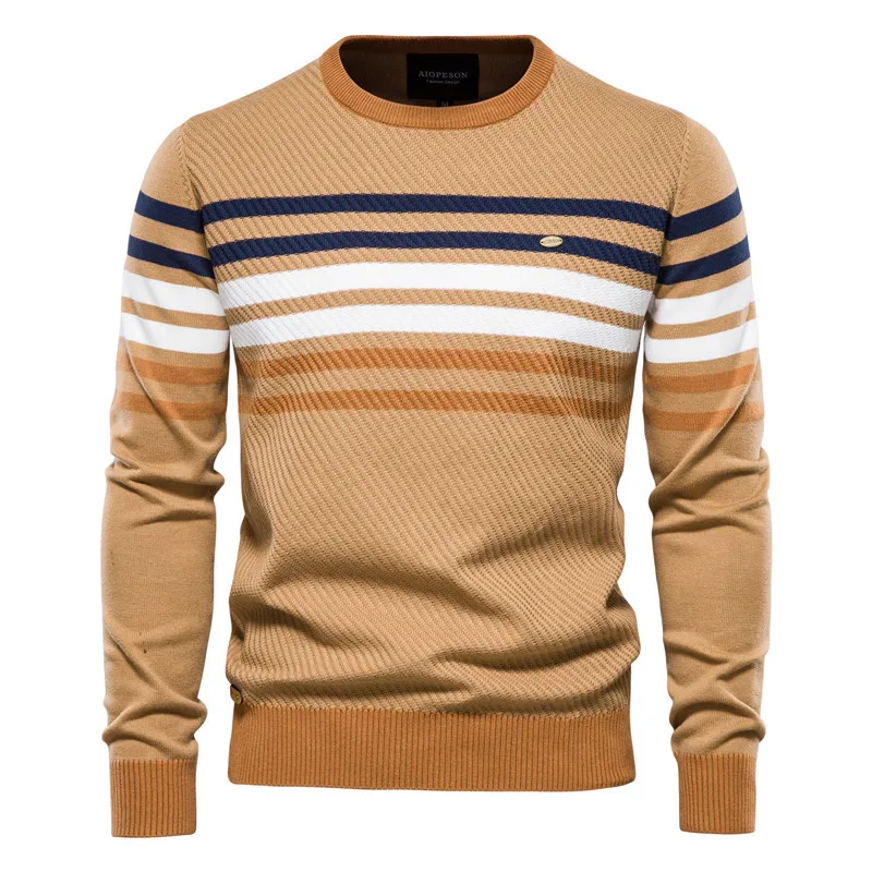 

Striped Contrast Color Men's Casual Sweater Personality Trend Knitted Bottoming Tops 4 Colors England Vintage O-neck Sweater