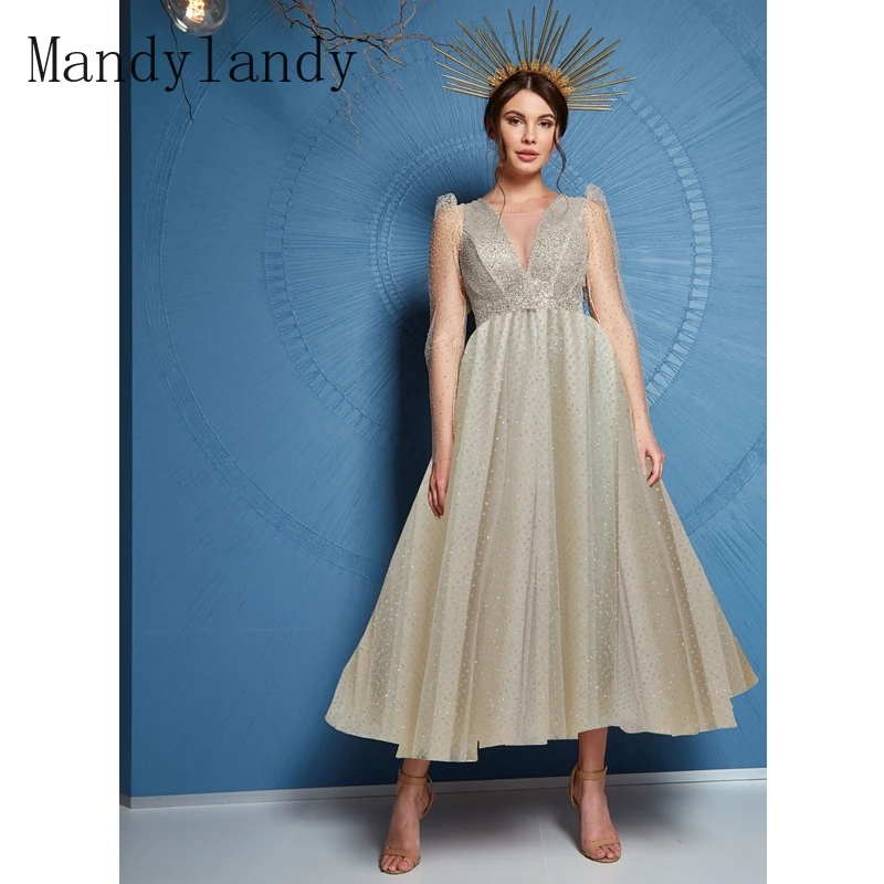 

Mandylandy Dress Women's Sexy Long Sleeve Mesh See-through V-neck Pleated Dress Elegant Sequins High Waist Backless Party Dress