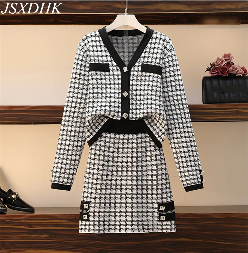 

JSXDHK Autumn Plus Size Knitted Plaid Skirt Suit Vintage Women Diamonds Button V Neck Cardigan Coat + Mini Skirt Female 2Pcs Set