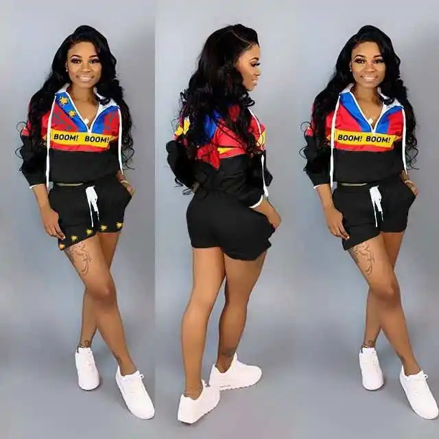 

Casual Women Suit Colorful Print Pullover Long Sleeve Top And Pocket Shorts Spring Casual Sport Wear Fashion Women Suit Outfit