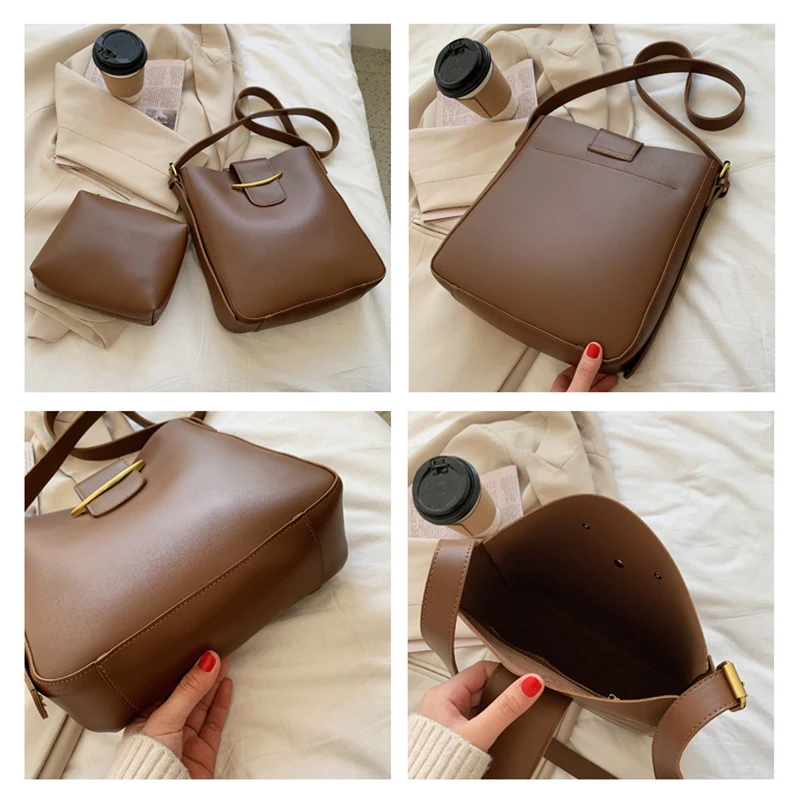 

2 Pcs Vintage Composite Womens Bag Simple Bucket Bag Small PU Leather Crossbody Bags 2021 Trend Ladies Shoulder Bags for Women