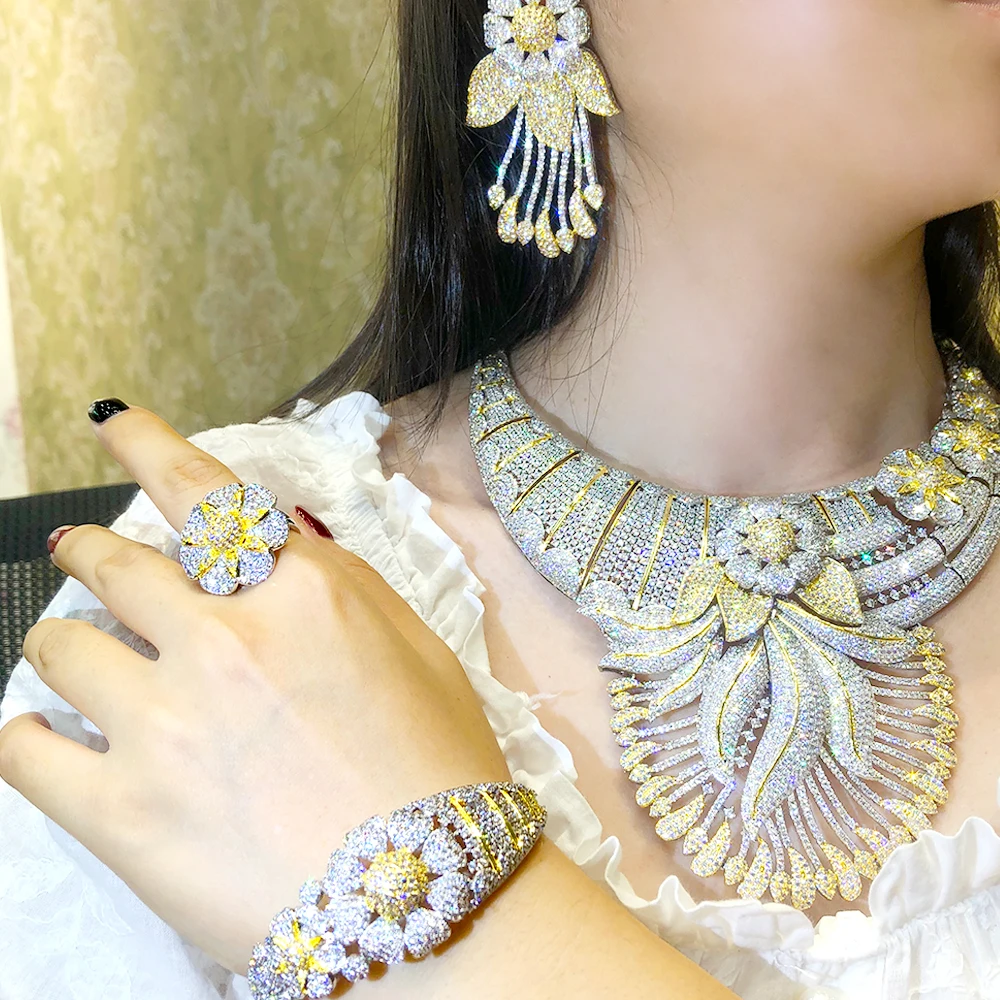 

Blachette High Quality Exclusive Design Luxury Large Disc Necklace Bracelet Ring Earrings 4 PCS Women's Wedding Party Jewelry