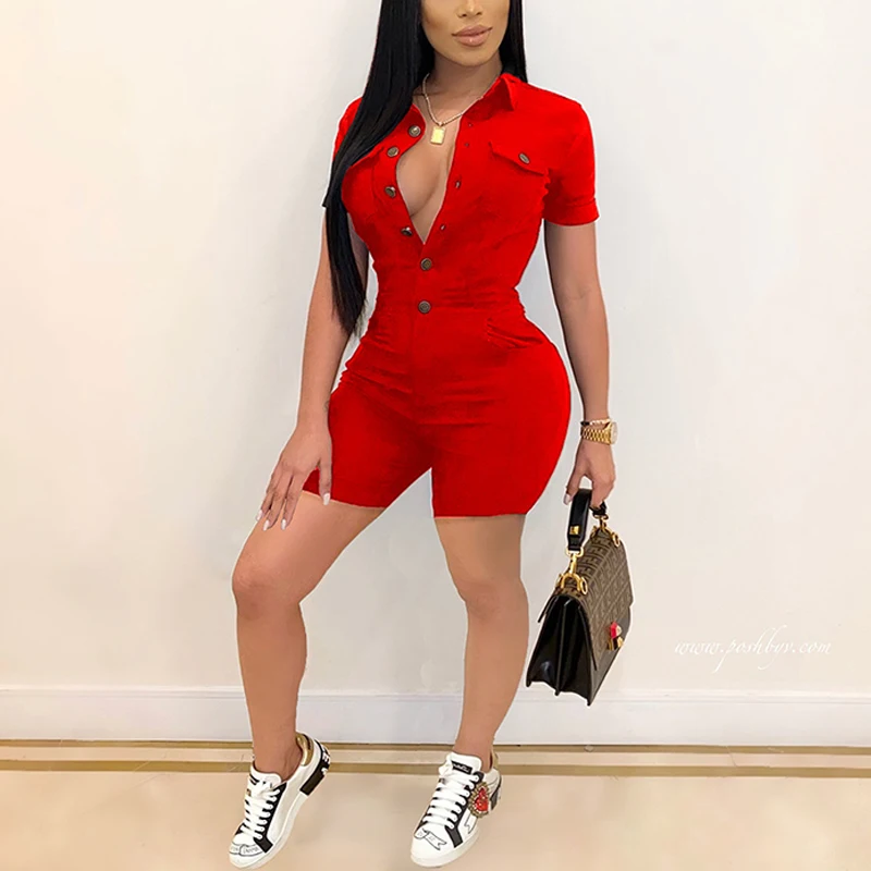 

Short Sleeve Button Up Playsuit Solid Turn Down Collar Slim Cargo Pants One Piece Romper Overalls