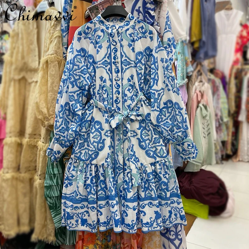 

Осеннее элегантное платье в европейском стиле ретро 2021, модное однобортное Хлопковое платье с принтом и жемчужинами, облегающее платье с дл...