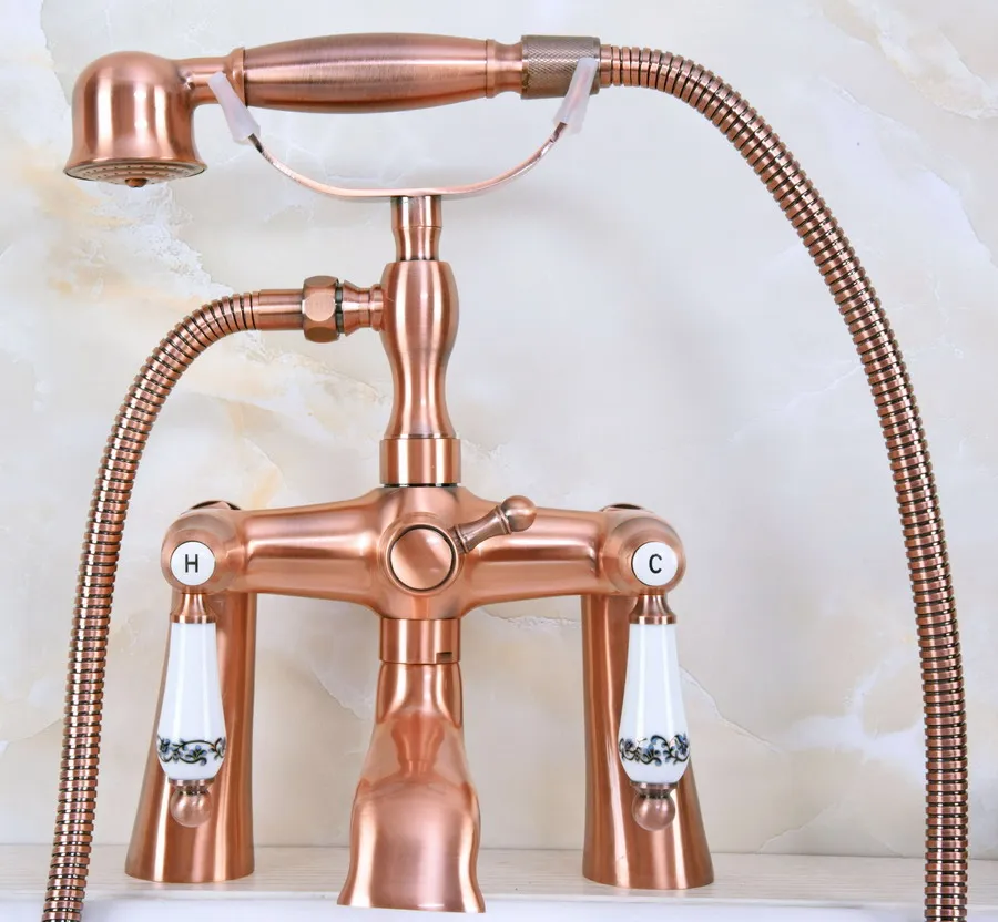 Deck Mounted Bath Tub Faucet With Hand Shower Bath Faucet Antique Red Copper Bathroom Shower Faucet Set zna175