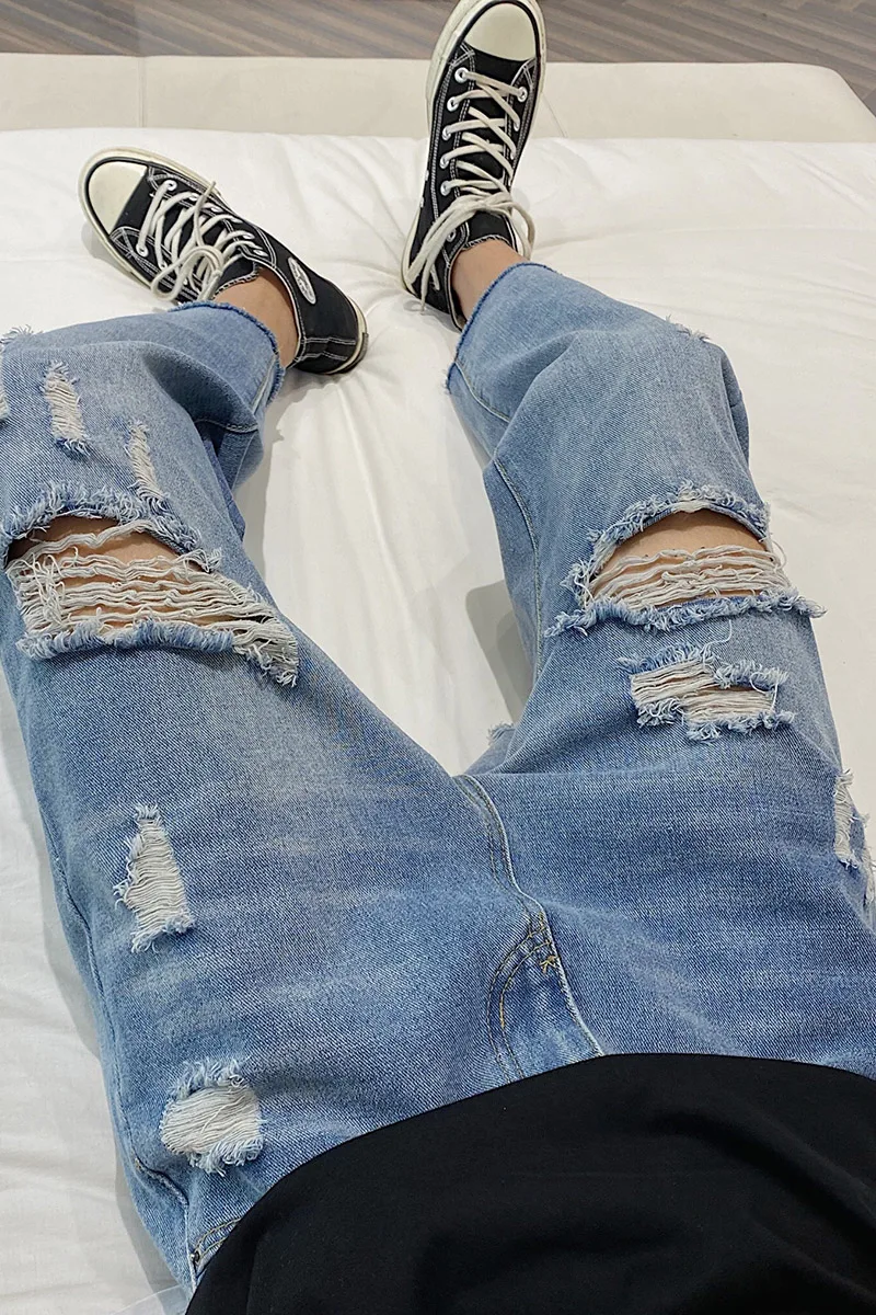 

2020 Broken Hole ripped Straight light-colored blue & gray Jeans Korean Style Loose Trend All-match Youth Denim Pants 5XL