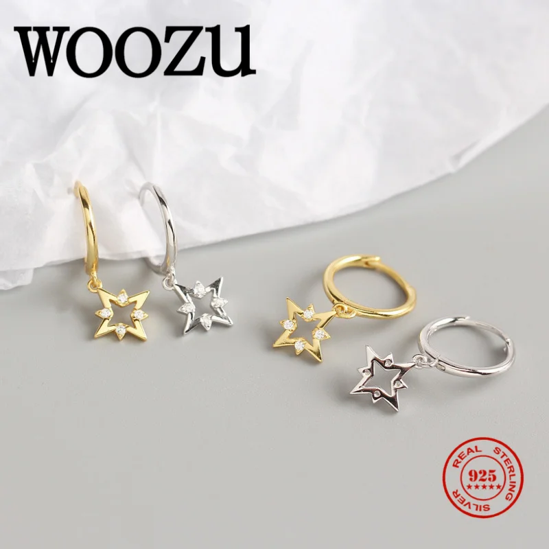 WOOZU натуральная 925 стерлингового серебра полые белый циркон Звезда серьги с