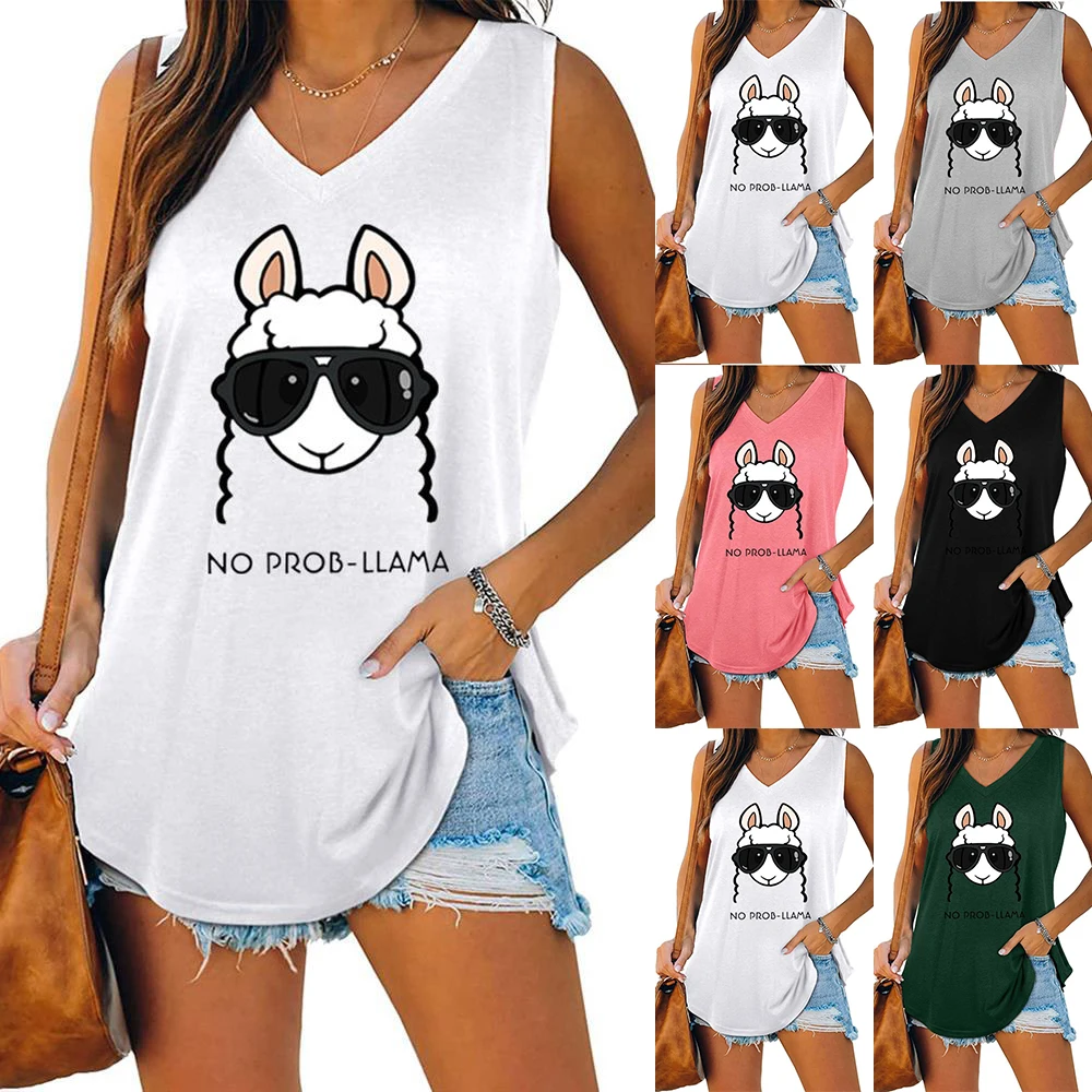 

2021 Hot Fashion Summer Casual Womens Sheep Print Tops V-neck Dovetail Sleeveless Commute Leisure Y2k Tank Tops Women Clothes