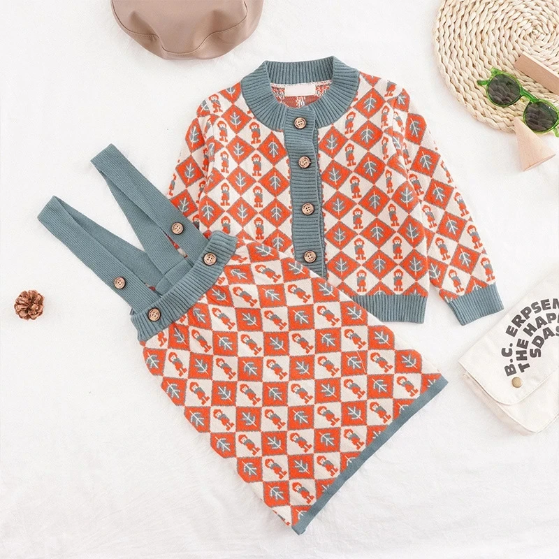 

2021 Baby Children's Sets Geometric Girls Retro Knitted Autumn Winter Outfits Girls Kids Clothing Suits New Party Costumes 3 7Y