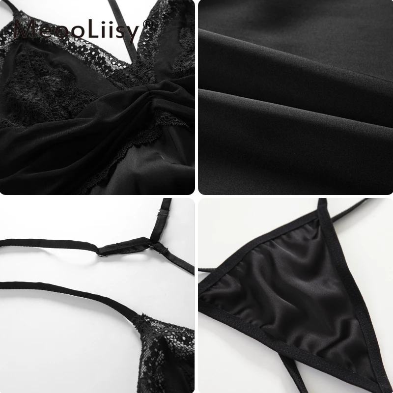 

MeooLiisy Women Underwear Sling Lace Embroidery V-Neck Nightdress Back Cross Silk Nightgown Sexy Pajamas Sleep Dress & T-back