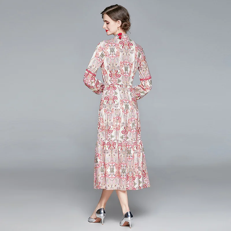 

Women Spring Autumn bowknot national style Femal Ladies Casual streetwear femme fashion brand dress print Retro Robe
