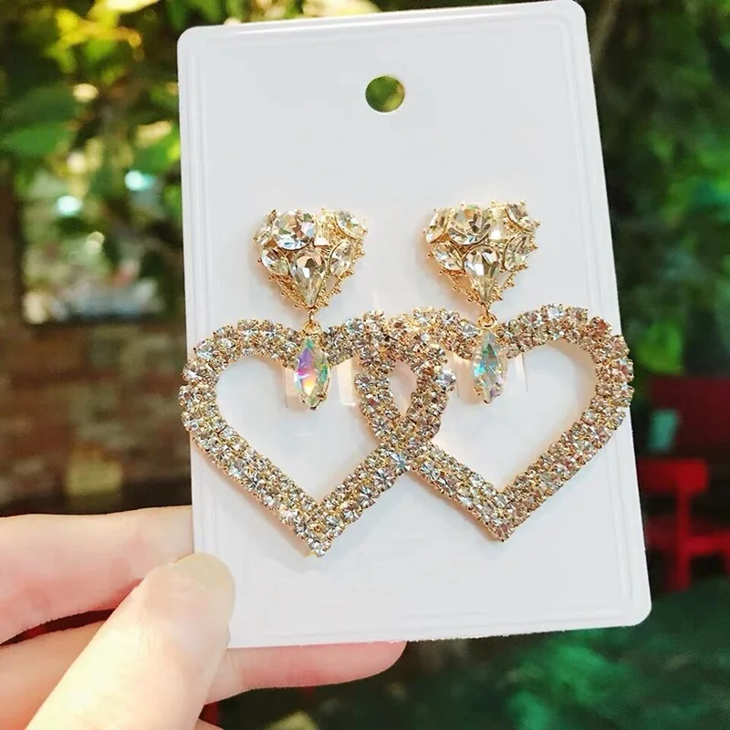 MENGJIQIAO Korean New Luxury Crystal Big Hollow Heart Long Pendientes Mujer Moda Bijoux Elegant Party Earrings Brincos Jewelry