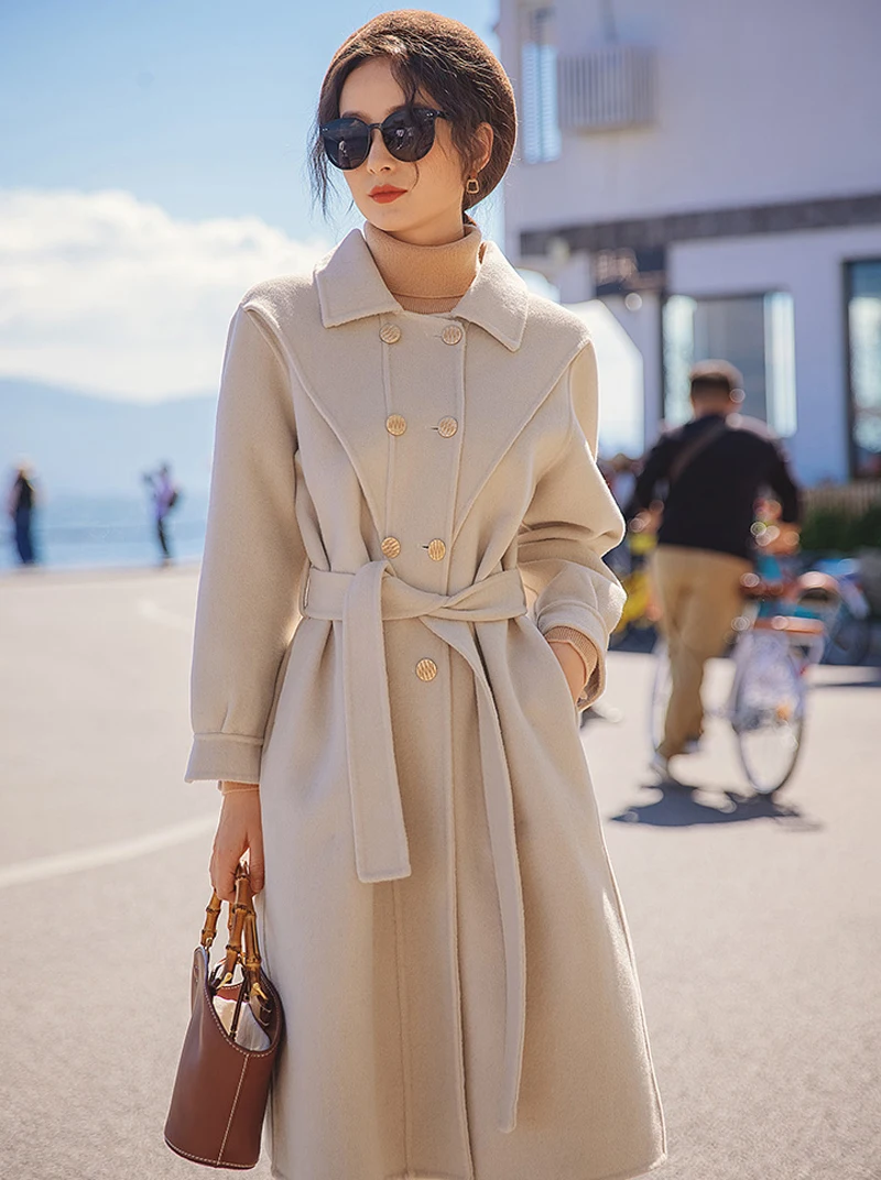 Женское длинное зимнее пальто из 100% шерсти модное офисное шерстяное высокого