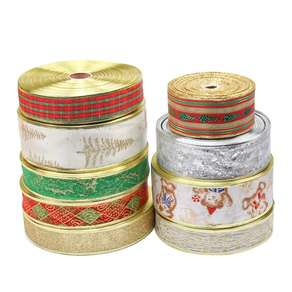 

IBOWS 5yards Christmas Ribbon Organza Stain Printed Ribbon for DIY Xmas Bows Materials Festival Party Decoration Gift Package