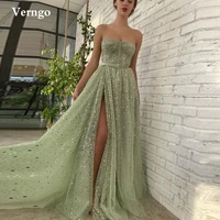 verngo glitter sage green sequin beads long prom dresses strapless bones side slit velvet sweep train evening gowns 2022 new