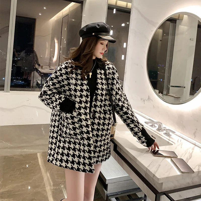 Модное шерстяное пальто из ткани гусиная лапка Женская Корейская темпераментная