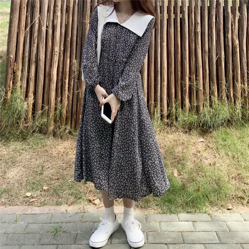 

HziriP 2021 Autumn New Long Dress For Women Elegant Floral Turndown Collar Contras Lantern Sleeves Vintage Gentle Office Lady