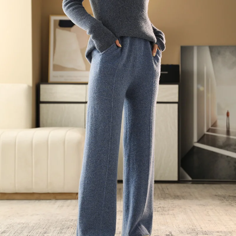 Wide Leg Pants Women's 2021 Autumn Winter Solid Color Casual Trousers Drape Loose High Waist Pure Wool Pants Clean Simple Lines