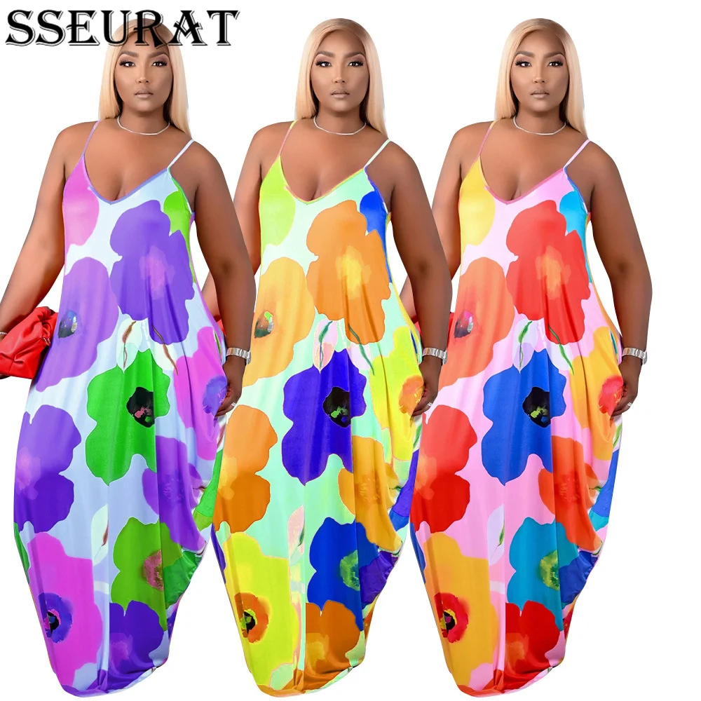 

SSEURAT Women Plus Size Dress Print Strap V-neck Loose Dresses Casual Vestidos Summer 2021