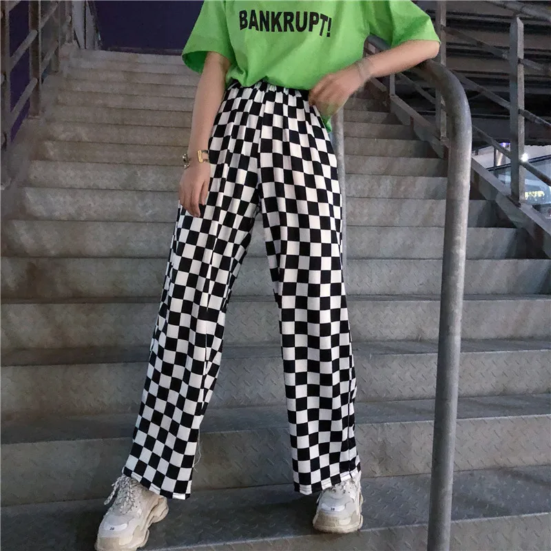Женские винтажные брюки GOTH GIRL Harajuku черные белые клетчатые с высокой талией