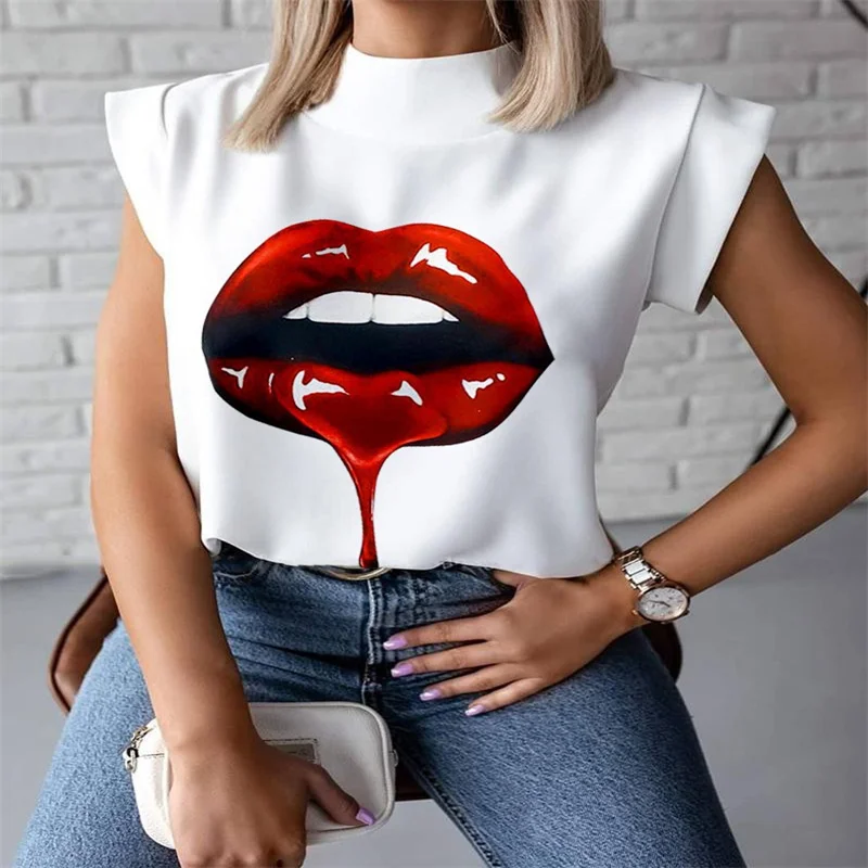 

2021 Summer Hot Fashion Women's European and American Simple T-shirt Stand-up Collar Lip Print Ladies Sleeveless Shirt Top