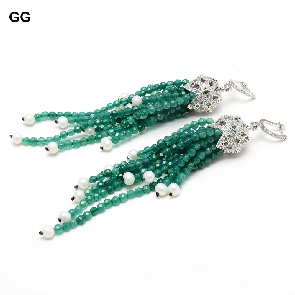 

GG Jewelry Natural White Pearl Green Faceted Round Agate CZ Pave Dangle Earrings Cute For Women