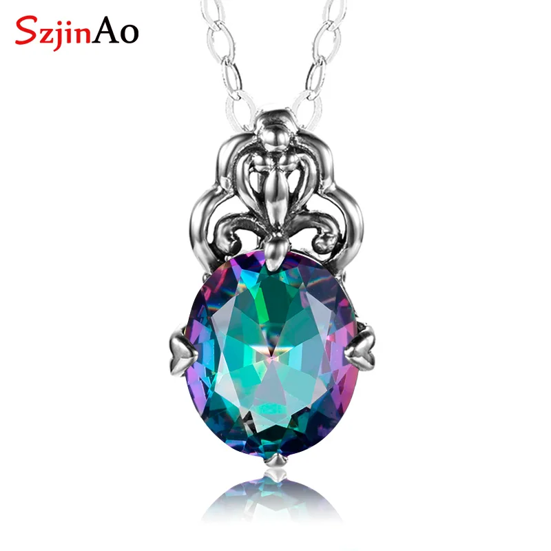 

Szjinao Mystic Topaz Pendant Handmade Silver 925 Jewelry Gemstone Rainbow Topaz Vintage Famous Brand Women Accessories Spring