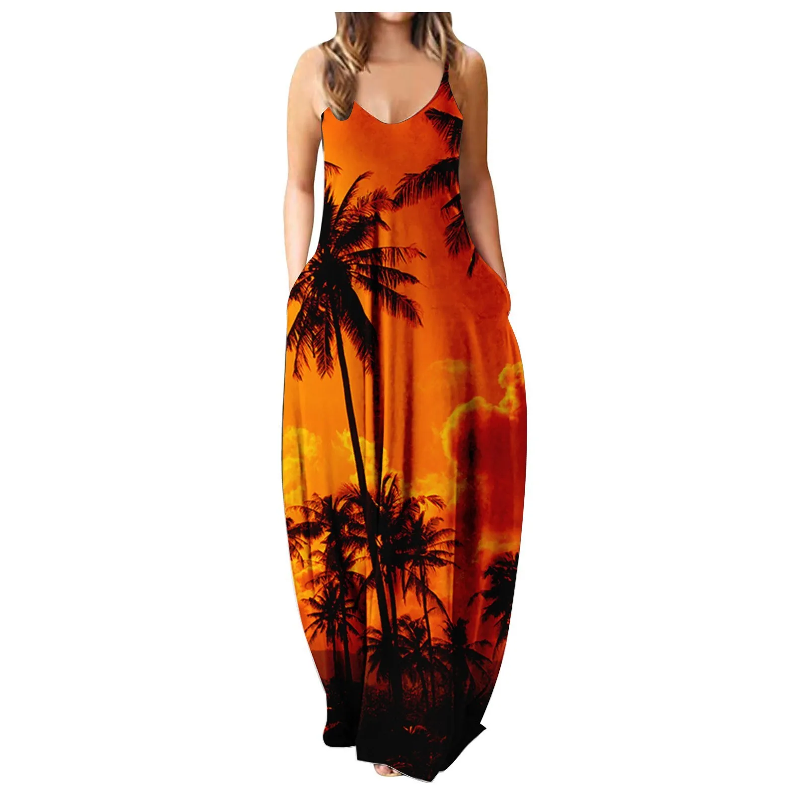 

Women Casual Tie Dyed Flower Print Maxi Dress Summer Sleeveless V-Neck Pocket Gradient Rendering Sling Long Dress Beach Party